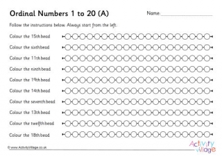 Ordinal Numbers 1 to 20 Worksheets Set 1