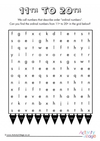 Ordinal Numbers Word Search 11 to 20