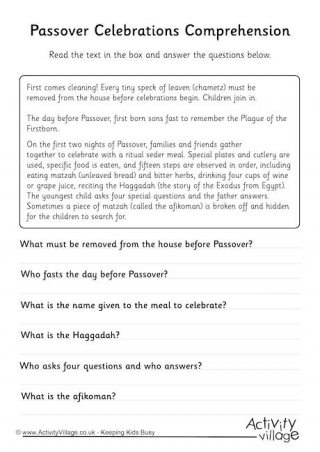 Passover Celebrations Comprehension Worksheet