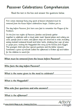 Passover Celebrations Comprehension Worksheet
