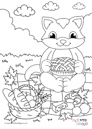 Picnic Cat Colouring Page