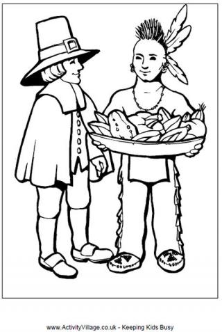 Pilgrim and Indian Colouring Page