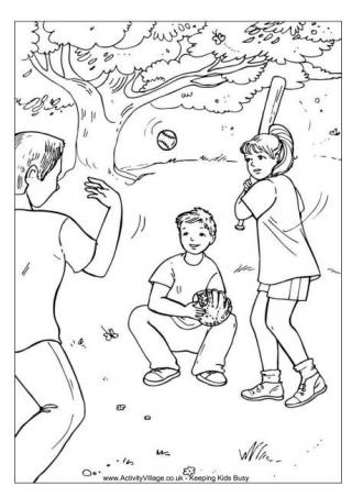 Playing Baseball Colouring Page