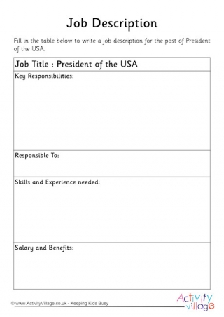 President of the USA Job Description Worksheet