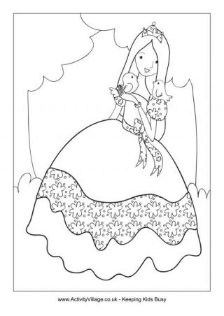 Princess and Birds Colouring Page