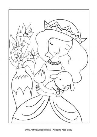Princess and Puppy Colouring Page