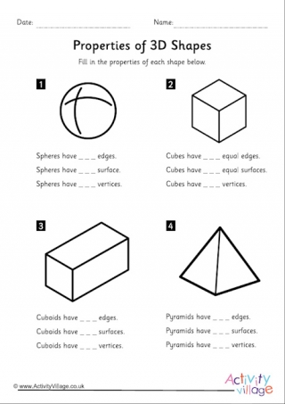 Properties of 3D Shapes Worksheet - First 4 Shapes