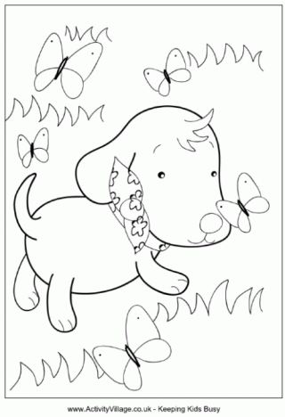 Puppy and Butterflies Colouring Page