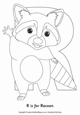 R is for Racoon Colouring Page