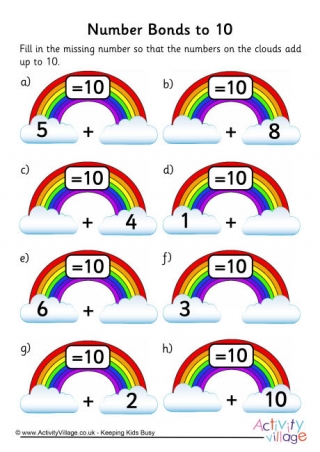 Rainbow Number Bonds Worksheet to 10