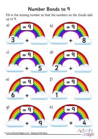 Rainbow Number Bonds Worksheet to 9