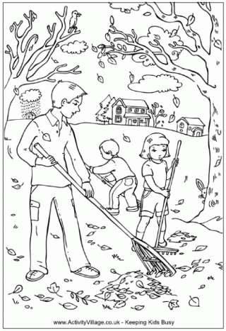 Raking Leaves Colouring Page