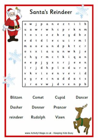 Reindeer Word Search Puzzle