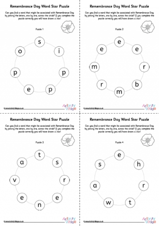 Remembrance Day Word Star Puzzles - 1 per Page
