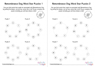 Remembrance Day Word Star Puzzles - 4 per Page