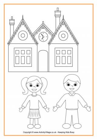 School Colouring Page with Children