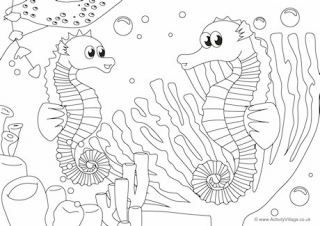 Seahorses Scene Colouring Page