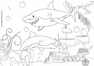 Sharks Scene Colouring Page