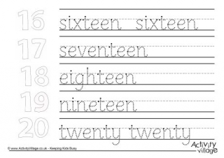 Sixteen To Twenty Handwriting Worksheet
