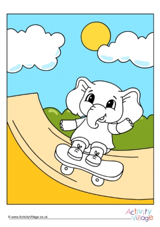 Skateboarding Elephant Colour Pop Colouring Page 