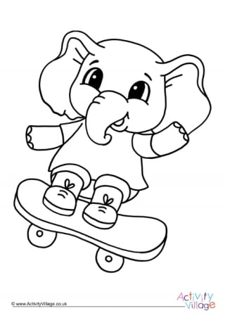 Skateboarding Elephant Colouring Page 1