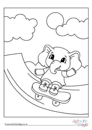 Skateboarding Elephant Colouring Page 2