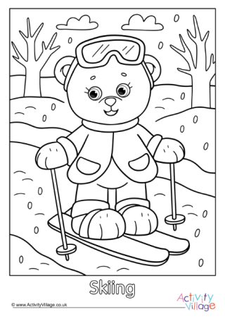 Skiing Teddy Bear Colouring Page 2