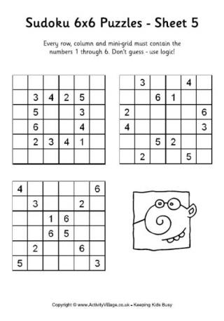 6x6 Sudoku Puzzles Printable - Sheet 1