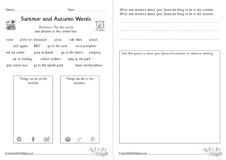 Summer and Autumn Word and Sentence Skills Worksheet KS1