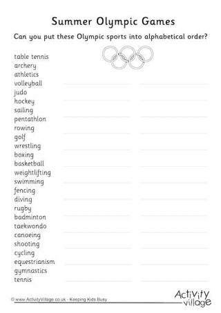 Summer Olympics Alphabetical Order Worksheet