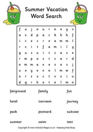 Summer Vacation Word Search - Easy