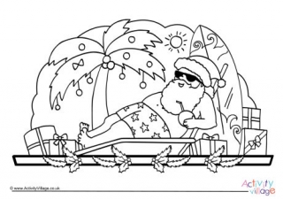 Sunbathing Santa Colouring Page