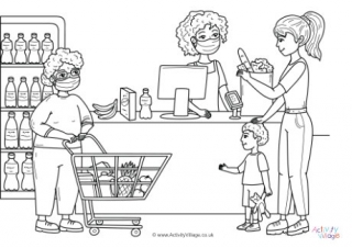 Supermarket Scene with Masks Colouring Page