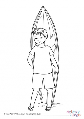 Surfboard and Boy Colouring Page