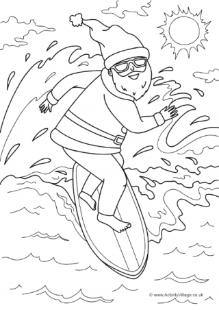 Surfing Santa Colouring Page