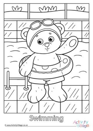 Swimming Teddy Bear Colouring Page 2