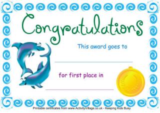 Swimming Certificate First Place Dolphin