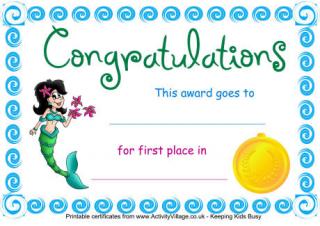 Swimming Certificate First Place Mermaid