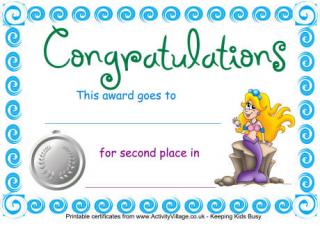 Swimming Certificate Second Place Mermaid