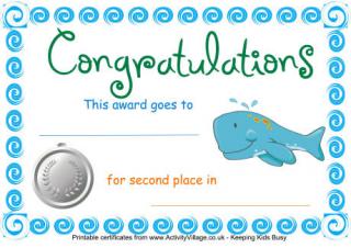 Swimming Certificate Second Place Whale