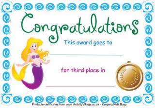 Swimming Certificate Third Place Mermaid