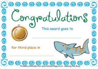 Swimming Certificate Third Place Shark