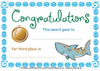 Swimming Certificate Third Place Shark