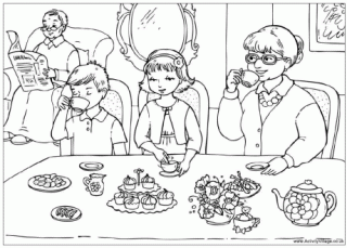 Tea with Grandparents Colouring Page