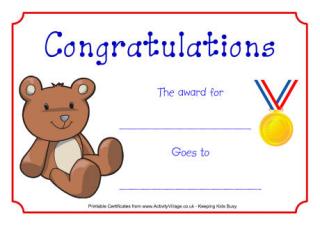 Teddy Medal Certificate