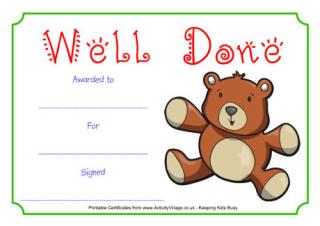 Teddy Well Done Certificate