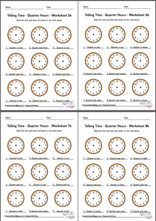 Telling Time Worksheets - Quarter Hours - Pack 2