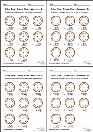 Telling Time Worksheets - Quarter Hours - Pack 3