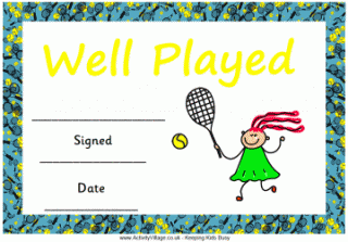 Tennis Certificate - Well Played (Girl)
