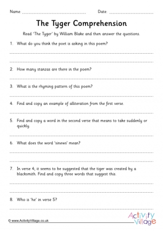 The Tyger Comprehension Questions